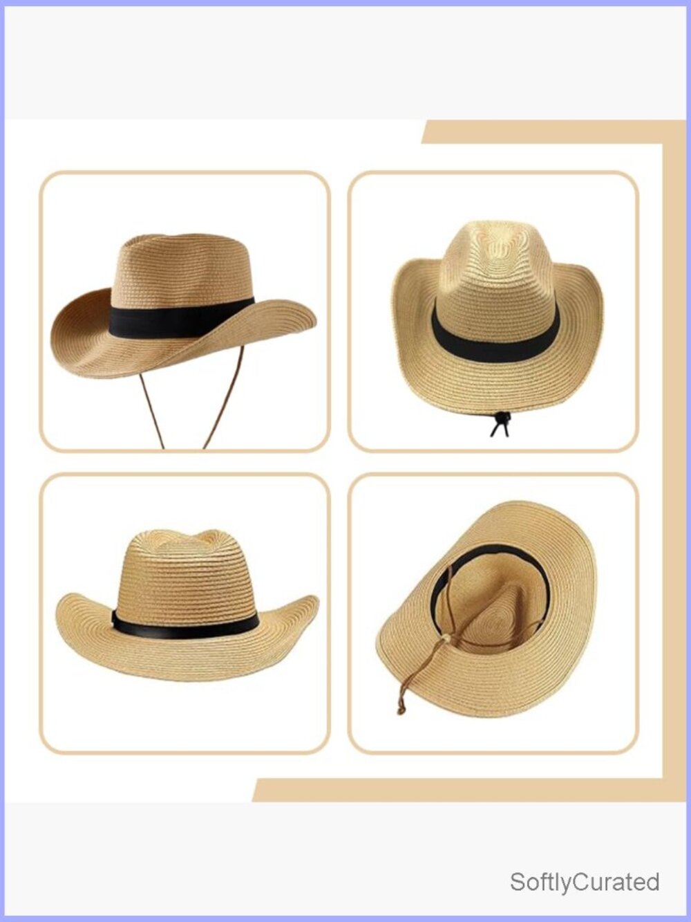 Foldable Wide Brim Straw Cowboy Hat with Drawstring Sun Protection - Picture 5 of 6